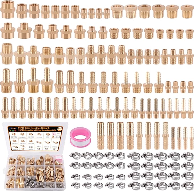 146Pcs Hose Pipe Fitting & Barb Fitting Kit, 56Pcs Hose Pipe Fitting & 50Pcs Barb Fitting & 40Pcs Hose Clamp, Hex Nipple, Reducing Bushing, Reducing Coupling, NPT Coupling, Adapter, Union