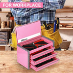 P.I.T. Mini Pink Tool Box, Portable 3 Drawer Steel Stackable Tool Box with Magnetic Tab Locking, Pink Micro Top Chest with Liner for Tools Storage and Organizers, Home DIY