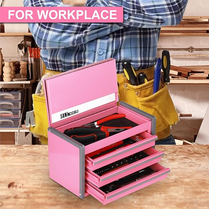 P.I.T. Mini Pink Tool Box, Portable 3 Drawer Steel Stackable Tool Box with Magnetic Tab Locking, Pink Micro Top Chest with Liner for Tools Storage and Organizers, Home DIY