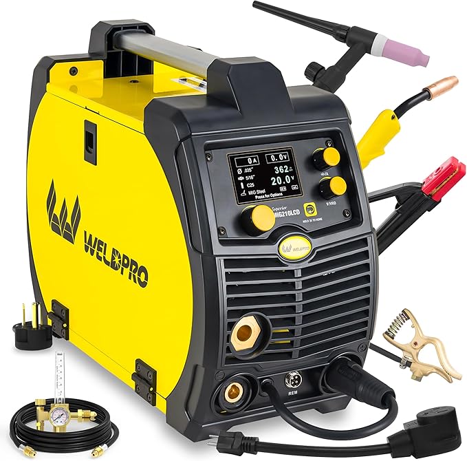 Weldpro 200 Amp MIG210LCD Dual Voltage 110V/220V 5 in 1 Multi-Process MIG/Fluxcore/Lift TIG/MMA Welder Aluminum Spool Gun Capable with Spot Timer and Auto-Set 3 Year Warranty Welding Machine