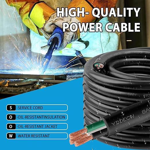 10ft 8/3 8 AWG Portable Power Cable (3 Conductor) - SOOW 600V 8 Gauge Electric Wire for Motor Leads, Portable Lights, Battery Chargers and Machinery - 3 Conductor - 10 Feet Electrical Cord