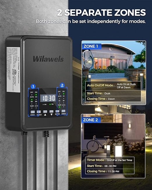 300W Low Voltage Landscape Transformer, 2 Zone Independent Control Landscape Lighting Transformer, 120VAC to 12/14V AC Low Voltage Transformer with Timer & Photocell Sensor ETL Listed D22LT06