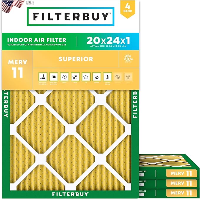 Filterbuy 20x24x1 Air Filter MERV 11 (MPR 1200) Allergen Defense Replacement (4-Pack), Electrostatic Pleated HVAC AC Furnace Filters, Made in USA (Actual Size: 19.38 x 23.38 x 0.75)