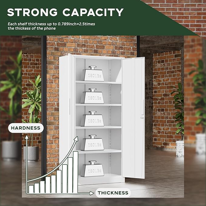 Greenvelly White Metal Storage Cabinet for Garage, 72” Steel Locking Cabinet with Doors and 4 Shelves, Tall Tool Organizer for Garage Systems Lockable File Storage for Home Office, Classroom