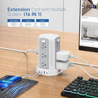 Power Strip Surge Protector, 10 Ft Extension Cord with 12 AC Multiple Outlets 4 USB (1 USB C), SMALLRT Power Tower Desktop Charging Station (White, 16.4 FT)