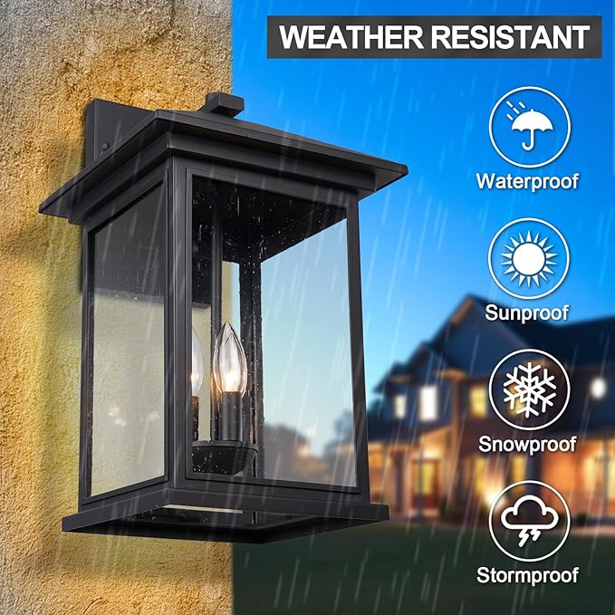 Treekee Large Outdoor Wall Light Fixture, 20 Inch Square Wall Lantern, 3- Light Exterior Sconce Lights, Porch Mount Lighting with Seeded Glass, Modern Black Lamps for Patio Front Door Entryway