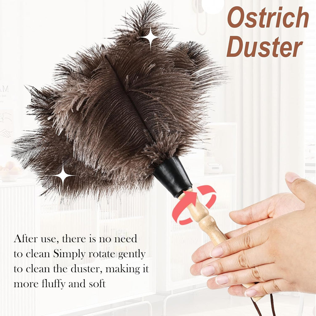 Ostrich Feather Duster 14" Natural Handheld Reusable Feathers Dusters with Wooden Handle for Cleaning Supplies Home Car Office