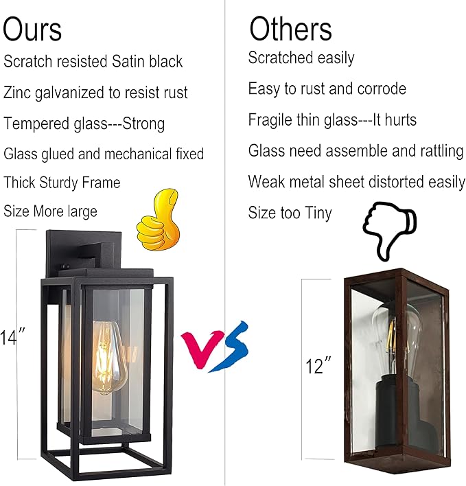 14" Outdoor Wall Light Fixtures Waterproofed Exterior Lantern W/Sturdy Rectangular Double Cage In Satin Black&Clear Tempered Glass,Sconce Mounted For House Patio,Front door,Porch,Garage Lighting 2Pack