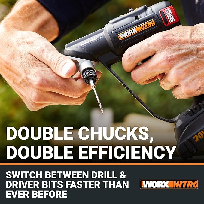 Worx Nitro 20V SwitchDriver 2.0 - 2-in-1 Brushless Cordless Drill Driver With Rotatable Dual 1/4" Chucks, Compact Design, Digital Torque Setting WX177L (Battery & Charger Included)
