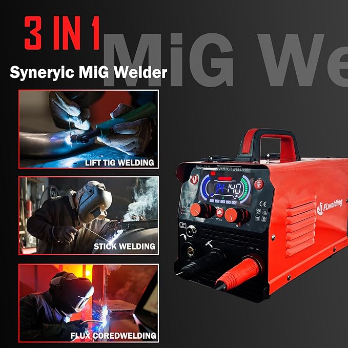 FLwelding 140A MlG Welder Flux Core.Dual Voltage110V/220V,MIG Welder Gasless Flux MlG/Lift TlG/Stick 3 in 1 Welding Machine synergic ControlIGBT Inverter Multiprocess Portable Wire Feed Welder.