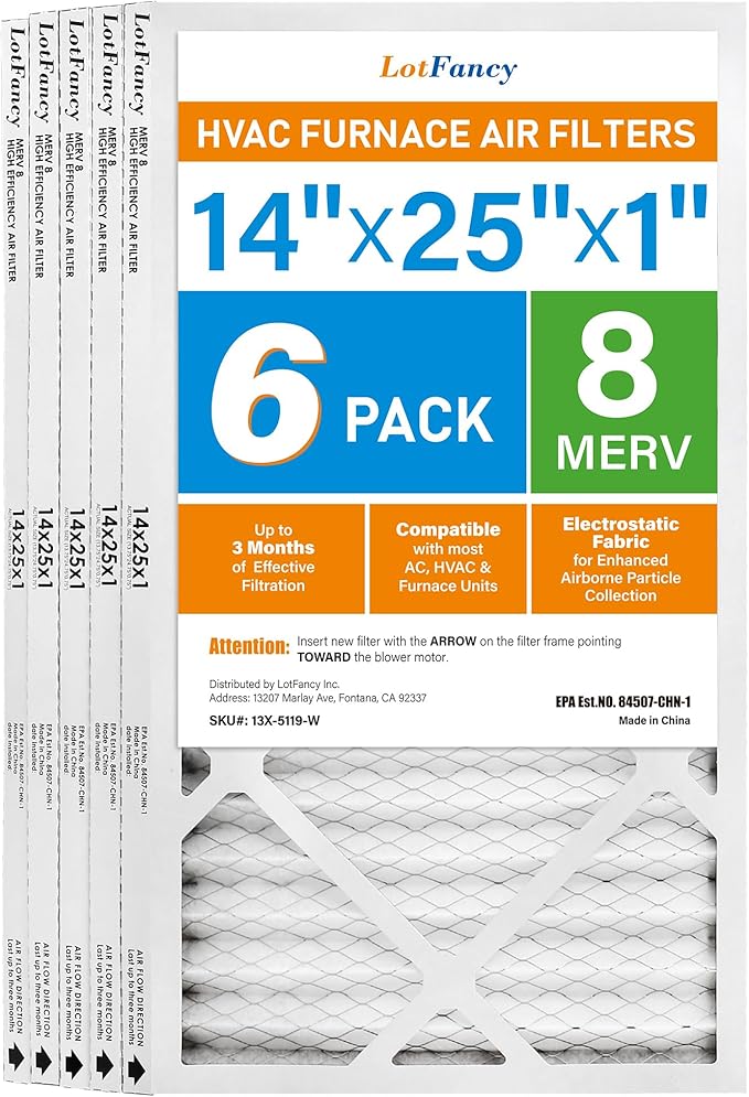 LotFancy 14x25x1 Air Filter MERV 8 Dust Defense (6-Pack) Pleated HVAC Furnace Air Filters, Replacement for Home AC & Heating Systems, Actual Size: 13.75" x 24.75" x 0.75"