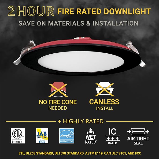 NUWATT 2 Hour 6" Fire Rated Recessed Lighting 6 Inch Wafer LED Lights, 5CCT 2700K/3000K/3500K/4000K/5000K, Wet & IC Rated, 15W, Dimmable 1200LM, 90CRI Black Recessed Light, No Cone Needed, ETL, 6 Pack