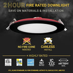 NUWATT 2 Hour 6" Fire Rated Recessed Lighting 6 Inch Wafer LED Lights, 5CCT 2700K/3000K/3500K/4000K/5000K, Wet & IC Rated, 15W, Dimmable 1200LM, 90CRI Black Recessed Light, No Cone Needed, ETL, 6 Pack