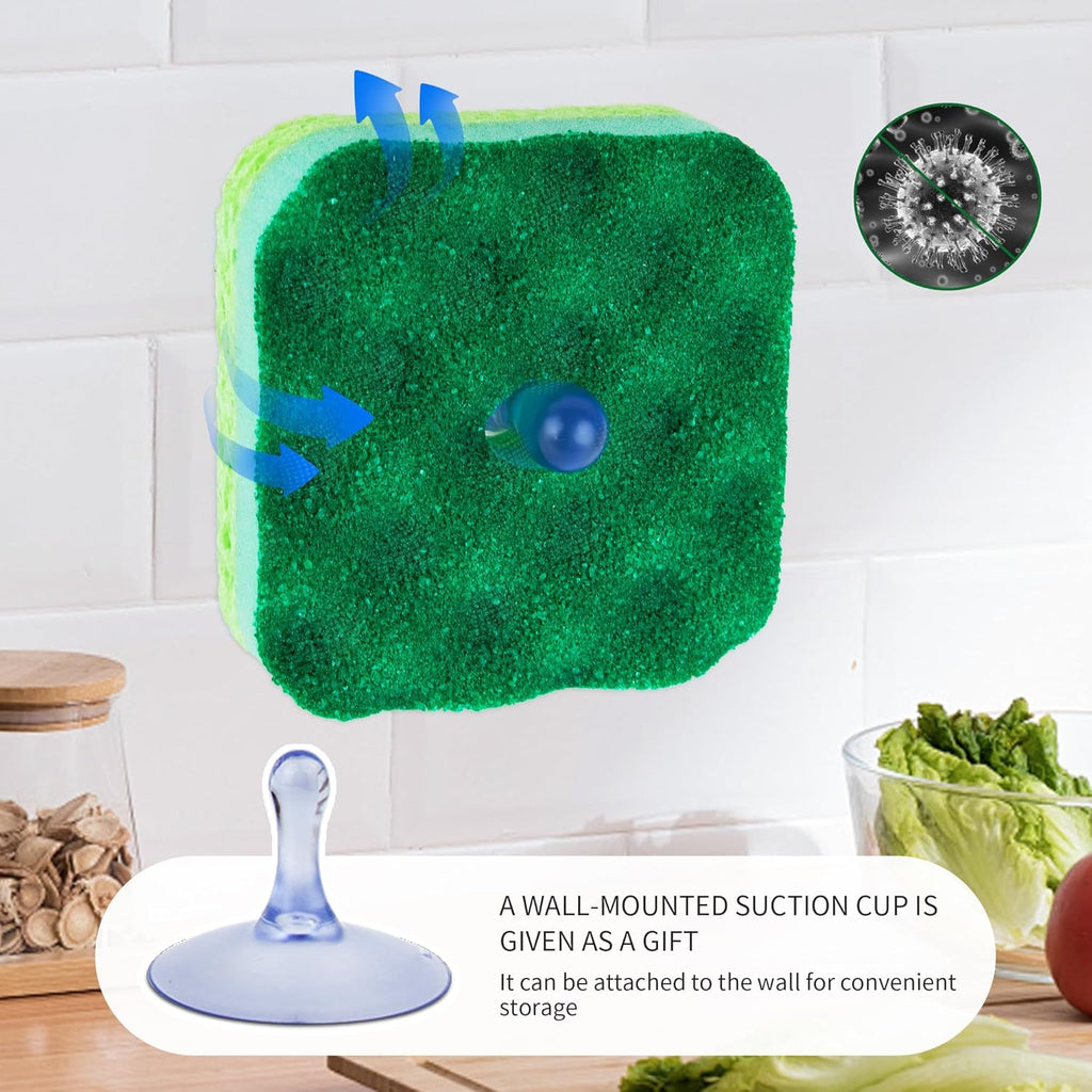 6-Pack Magic Cleaning Sponges with Suction Cups - Heavy Duty 3-Layer Dual-Sided Scrub Pads for Dishes, Stains & Kitchen Surfaces - Durable Non-Scratch Scouring Pads