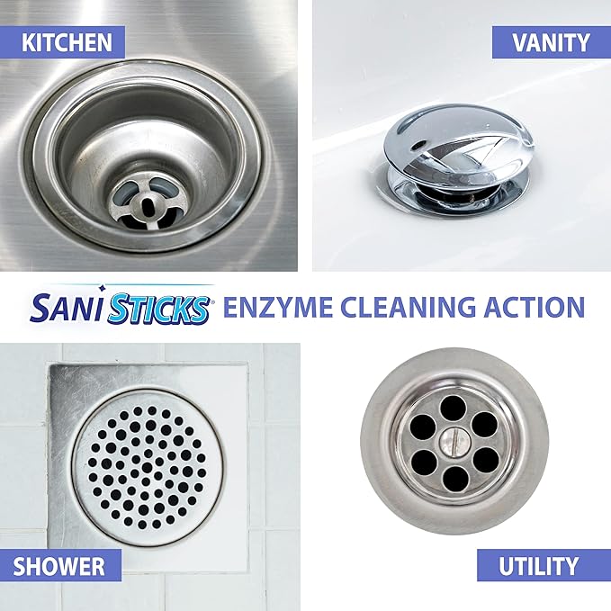 SANI 360° Sani Sticks Drain Cleaner and Deodorizer, 48 Count, Orange Scent Enzyme Pipe Cleaners, Eliminate Odors, Prevent Clogged Drains, Safe for Sinks, Bathtub Drains, Septic Tanks