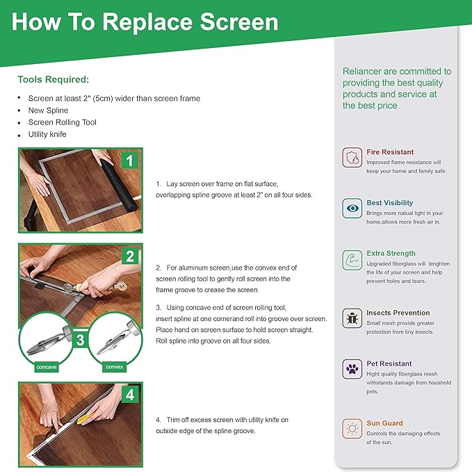 Fiberglass Window Screen Roll 96in x 100ft DIY Custom Screens Replacement Mesh for Windows Doors Patio Screens Premium Pet Proof Screen Porch Screen for Outdoor Kitchens Tree Houses Pool Houses