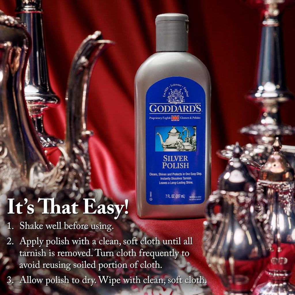 Goddard's Silver Polish for Sterling and Silver Plate, Liquid Cleaner and Polish for Jewelry, Silverware, and Antiques - All-in-One Tarnish Remover Solution, 7 oz