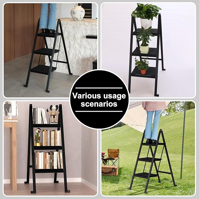3 Step Ladder,Aluminum Ultra Thin Folding Step Stool,400 Lbs Capacity Heavy Duty with Anti-Slip Sturdy and Wide Tread,Closet Slim Step for Home,Kitchen and Office,Space Saving (Black, 3-Step)