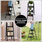 3 Step Ladder,Aluminum Ultra Thin Folding Step Stool,400 Lbs Capacity Heavy Duty with Anti-Slip Sturdy and Wide Tread,Closet Slim Step for Home,Kitchen and Office,Space Saving (Black, 3-Step)