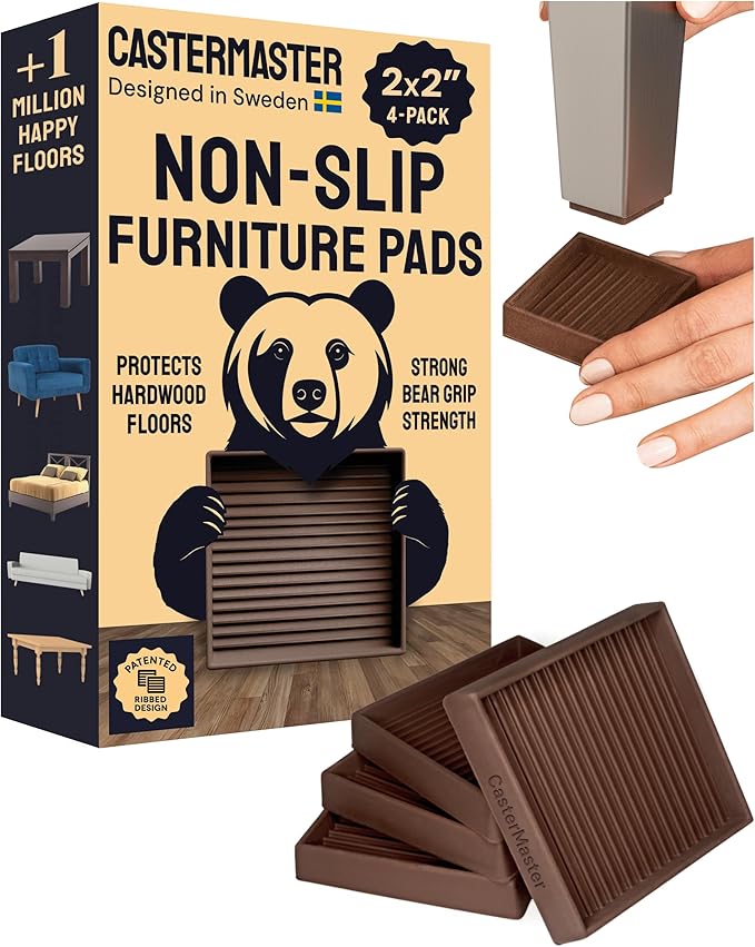 CasterMaster Non Slip Furniture Pads - 2 in x 2 in Brown 4 Pack - Chair Leg Floor Protectors & Furniture Sliders for Hardwood, Vinyl & Tile Floors - Bed Stoppers