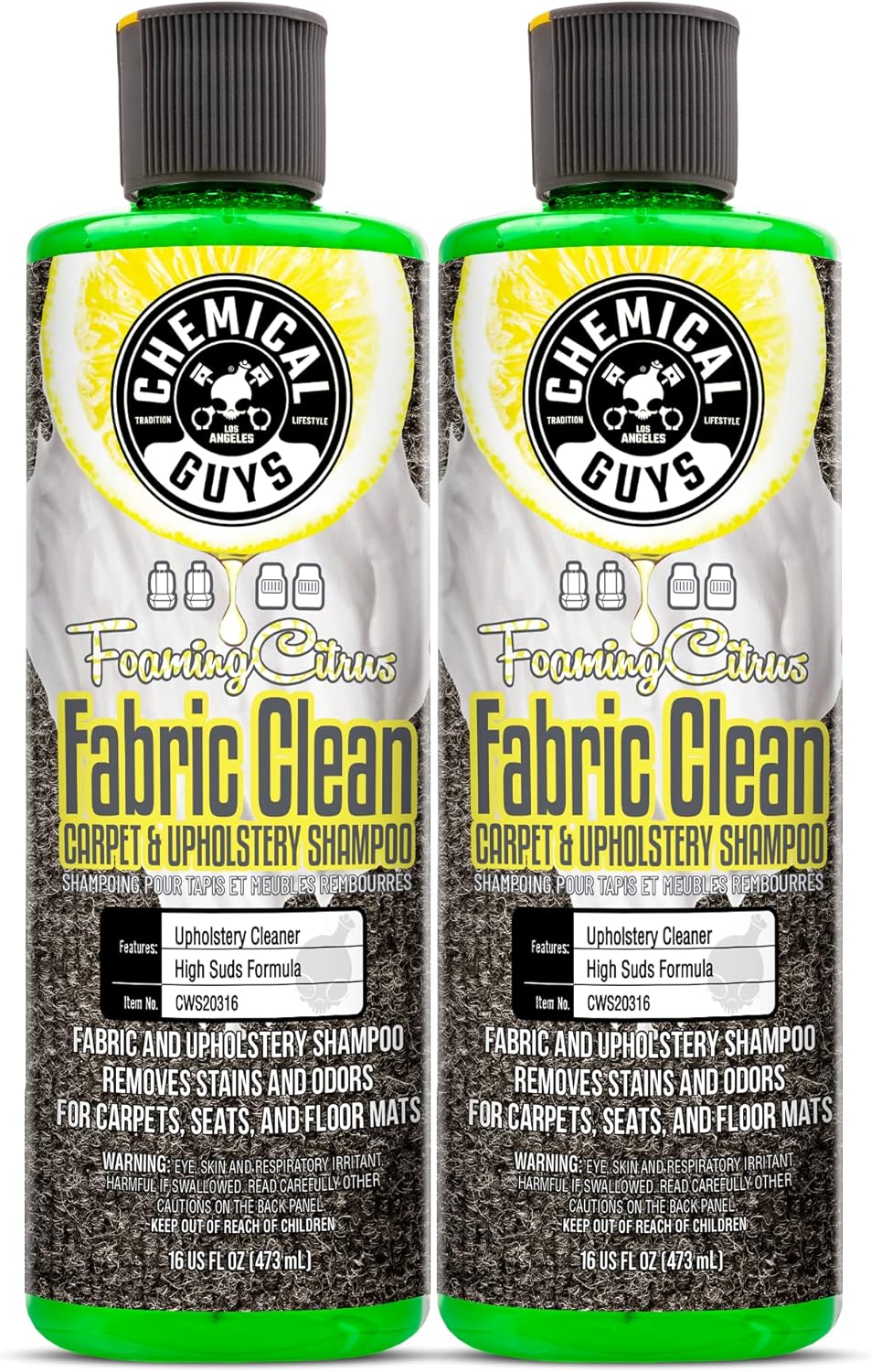 Chemical Guys CWS2031602 Foaming Citrus Fabric Clean Carpet & Upholstery Shampoo & Odor Eliminator (Car Carpets, Seats & Floor Mats), Safe for Cars, Home, Office, & More , 16 fl oz, 2 Pack