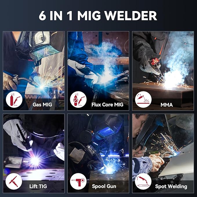 ARCCAPTAIN 6-in-1 Aluminum MIG Welder, 200A Welding Machine 110V/220V, Flux Core MIG/Gas MIG/Lift TIG/Stick Welding/Spool Gun MIG/Spot Multiprocess Welder with Synergy, Ideal for Beginner