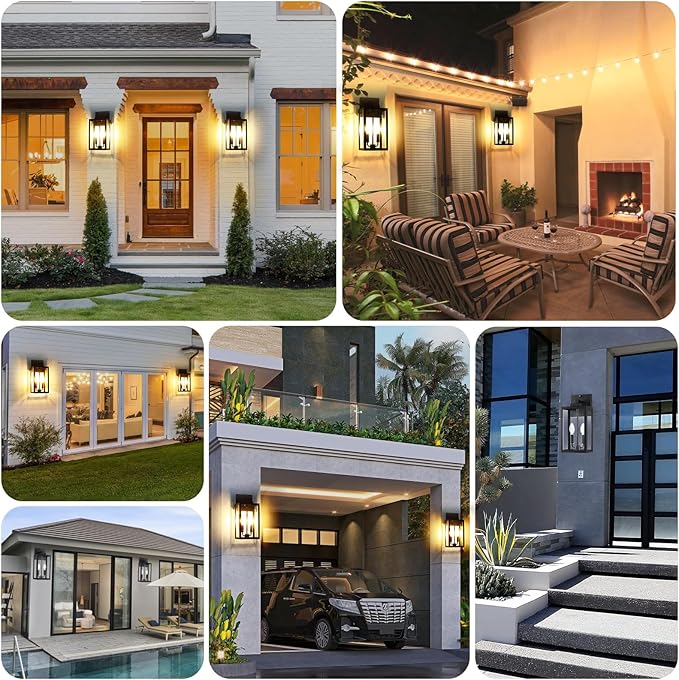 15.4" Dusk to Dawn Black Outdoor Wall Lantern 2-Light, Outside Modern Wall Sconce Light Fixture, Industrial Porch Light with E12 Sockets, Waterproof Exterior Lamp Lighting, 1 Pack