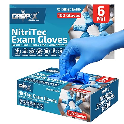 Heavy Duty 6 Mil Blue Nitrile Gloves Disposable Latex & Powder Free -Extra Stretchy Fentanyl Safe |Medical,First Aid Kit,EMT|Food Safe Rubber Gloves for Cooking & Cleaning| Pack of (200)