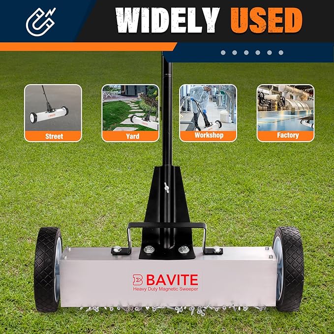 E BAVITE Nail Magnetic Sweeper,17 Inches Heavy Duty Telescopic Magnet Broom Large Rolling Nail Finder Magnet Tools with Wheels Cleanup and Long Adjustable Handle for Construction Yard