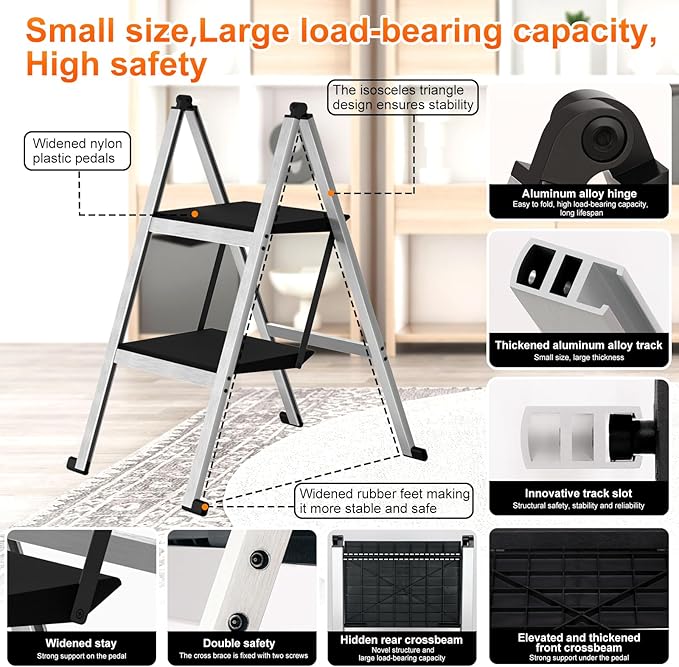 2 Step Ladder,Aluminum Ultra Thin Folding Step Stool,400 Lbs Capacity with Anti-Slip Sturdy and Wide Pedal,Closet Step Ladder for Home,Kitchen and Office,Space Saving (Silvery White, 2-Step)