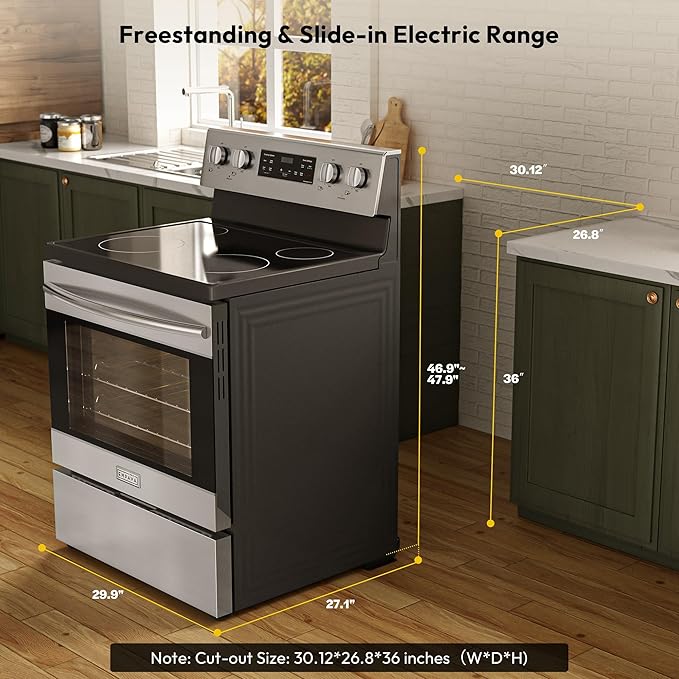 Empava 30" Electric Range,4.8 Cu.Ft Oven, Radiant Ceramic Cooktop, 4 Elements, Steam Clean, Freestanding & Slide-in Stove,Stainless Steel, 240V