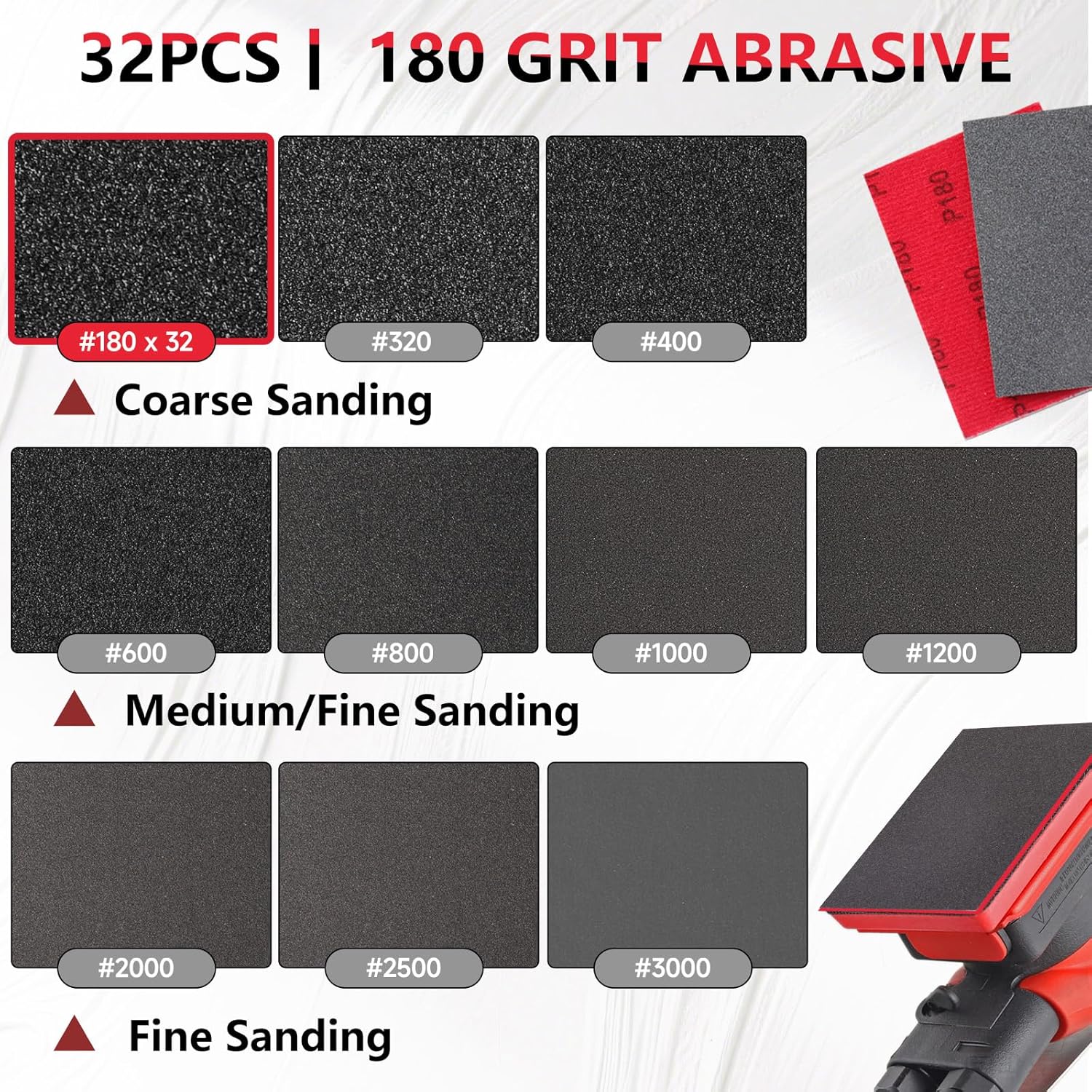 32-Pack 3x4 Inch 180 Grit Hook & Loop Sanding Sponges - Wet/Dry Foam Pads for Heavy-Duty Rough Sanding on Metal, Wood & Automotive