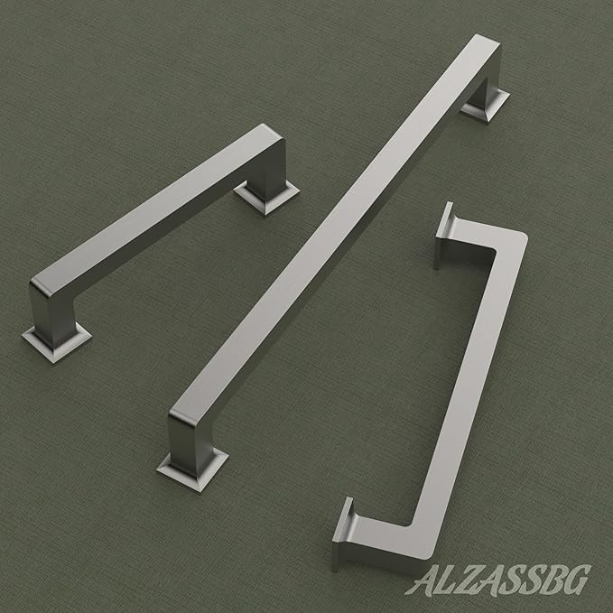 Alzassbg 10 Pack Brushed Satin Nickel Cabinet Pulls, 5 Inch(128mm) Hole Centers Cabinet Handles Square Kitchen Hardware for Cabinets AL3046SN