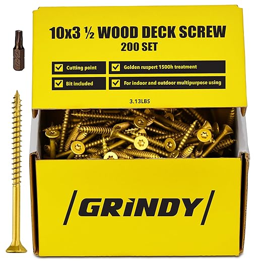 #10 x 3 1/2’’ Wood Screws by Grindy (200pack/3.13LBS) – Self-Drilling Deck Screws I Rust Resistant I Quick Drive & Fast Grip I for Cabinet, Furniture & Other Projects I T25 Star Drive I Bit Included
