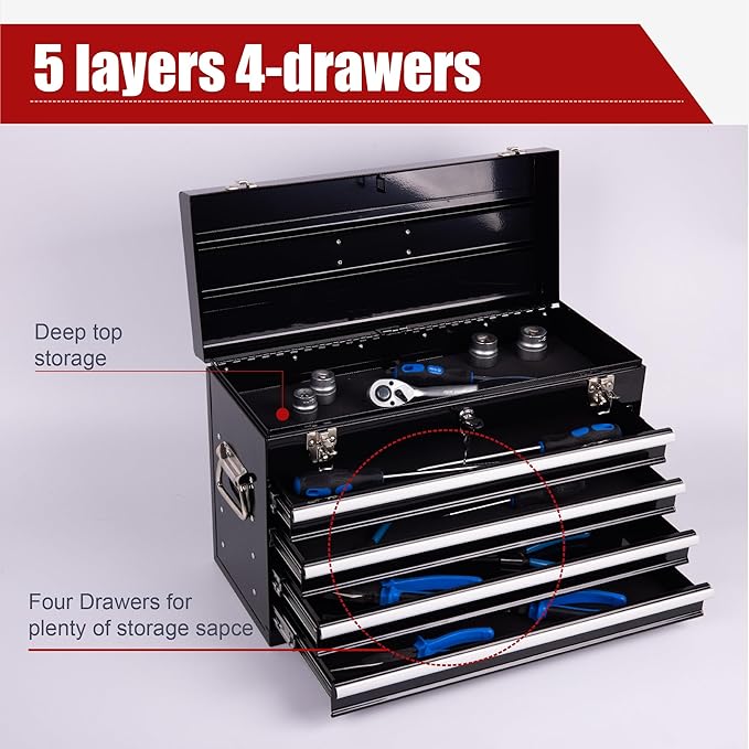 4 Drawers Metal Tool Box, 21" Portable Steel Tool Chest w/Key Lock & Latch Closure, Multi-Function Top Storage Tray Toolbox w/Powder Coating & Ball Bearing Slides for Garage & Workshop(Black)