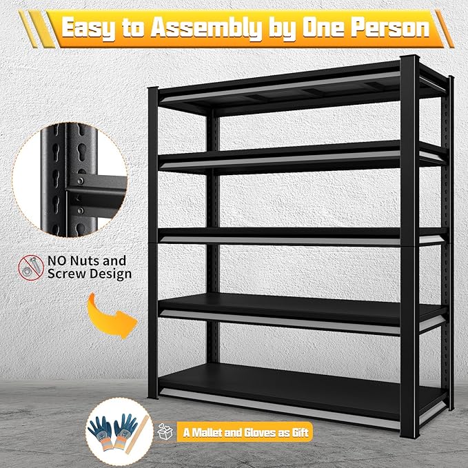 48" W Garage Shelving Heavy Duty, 3000LBS Loads Garage Storage Shelves Heavy Duty, 5-Tier Metal Shelving Units and Storage Racks, Industrial Utility Shelf,48" Wx24 Dx78 H, Black