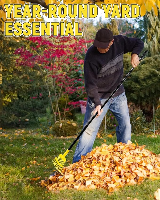 Garden Leaf Rake, 8.7” Wide Metal Rake with 11 Teeth, 59" Adjustable Long Handle, Heavy Duty Lightweight Leaf Rakes for Small Lawn Yard Shrub,Tight Spot Garden Bed Leaf Debris Picking Cleaning