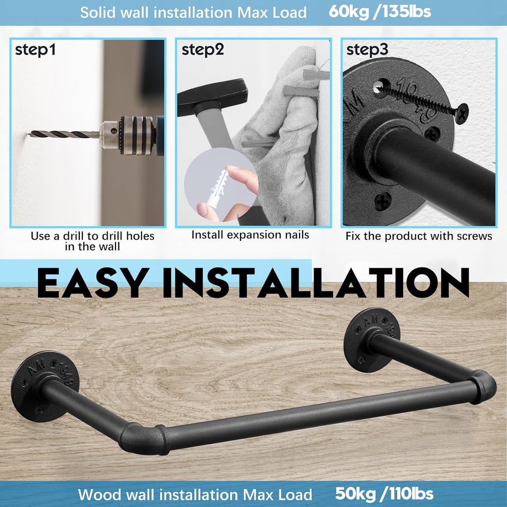 Industrial Pipe Clothes Rack Set of 2, 21” Heavy Duty Wall Mounted Clothing Rack Multi-Purpose Garment Bar, Space-Saving Hanging Rod for Laundry Room,Closet Storage