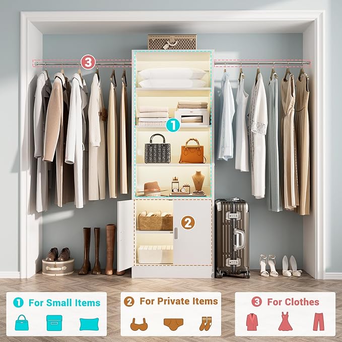 8FT Closet System, 96 Inch Closet Organizer System with Hanging Rods, Heavy Duty Clothing Rack with Cabinet, Walk In Mounted Closet System, Built-In Clothes Garment Rack, White