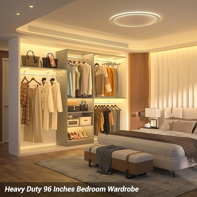 Armocity 96'' Closet System, 8FT Walk In Closet Organizer with 3 Shelving Towers, Heavy Duty Bedroom Wardrobe with 5 Shelves, Wall Mounted Clothes Rack (Can Be Cut To Fit), 96"L x 16"W x 75"H, Grey