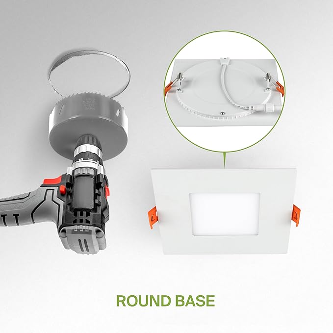 ASD 6 Pack LED Recessed Square Ceiling Light 4 Inch with Round Back, 5 CCT 2700K-5000K, Ultra-Thin Dimmable Wafer Lights with Junction Box, 12W 869LM, Canless Recessed Lighting, Slim LED Downlight, UL