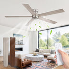 60 Inch low profile ceiling fan, Brushed Nickel Large Ceiling Fan no Lights, 6-Speeds, Quiet Reversible DC Motor, Indoor/Outdoor Ceiling Fans no light for Patios, Living Room, Bedroom