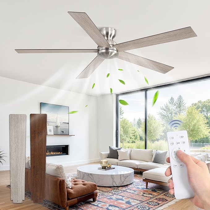 60 Inch low profile ceiling fan, Brushed Nickel Large Ceiling Fan no Lights, 6-Speeds, Quiet Reversible DC Motor, Indoor/Outdoor Ceiling Fans no light for Patios, Living Room, Bedroom