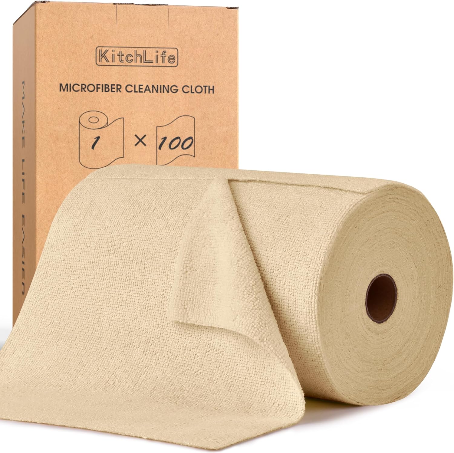 KitchLife Microfiber Cleaning Cloth Roll, 100 Pack - Tear-Away Microfiber Paper Towels, Lint-Free, Reusable, Washable for Kitchen, Car, Dishes, and Sensitive Surfaces (Wheat)