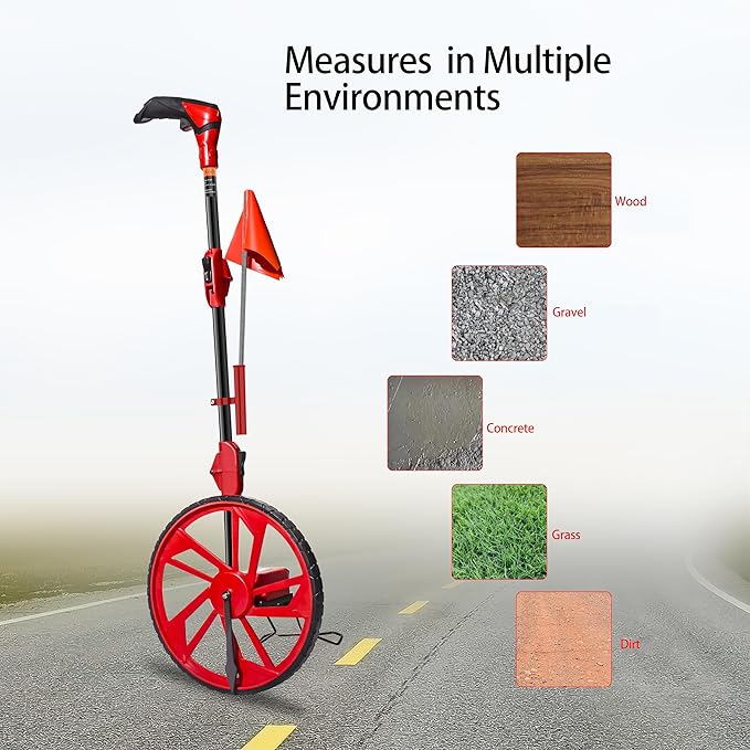 Distance Measuring Wheel in feet,Measure Wheel,Collapsible Rolling Measurement Wheel,12.5”Diameter Wheel,With One key to Zero,Upgrade Flag Holder,With 10 Survey Flags(Red）