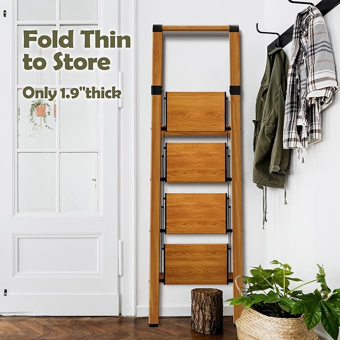 Taranta 4 Step Ladder, Portable Folding Ladder with Wide Pedal, Lightweight Aluminum Step Stool with Convenient Handgrip, 330 lbs Capacity Stepladder for Home, Office - Woodgrain