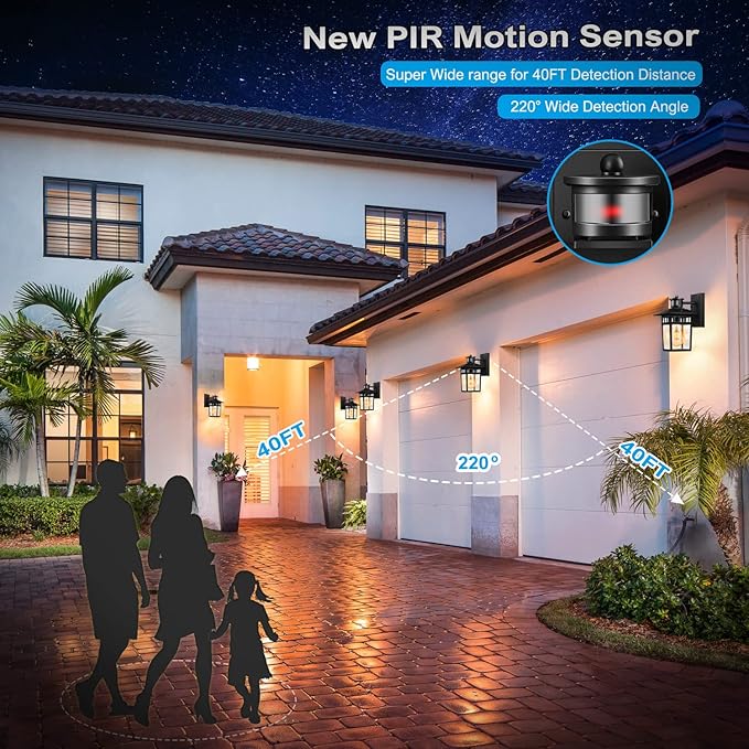 Motion Sensor Outdoor Lights Wall Mount, Dusk to Dawn Exterior Light Fixture, Anti-Rust Aluminum Waterproof, Porch Outside Wall Lights, for House Entryway Black Gold Wall Sconce Lanterns