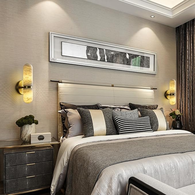 Alabaster Wall Sconces Set of Two, 13in Brass Alabaster Sconce, Modern Spanish Natural Marble Sconces Lights, Gold Sconces for Bathroom Vanity Bedroom Living Room Staircases Hallway