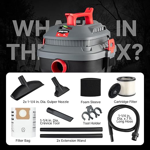 Shop-Vac 5430096 Wet/Dry Vacuum, 4 Gallon, 4 Peak HP, 1.25 Inch Diameter x 7 Foot Hose, 15 Foot Cord, Ideal for Jobsite, Garage, Workshop & Home