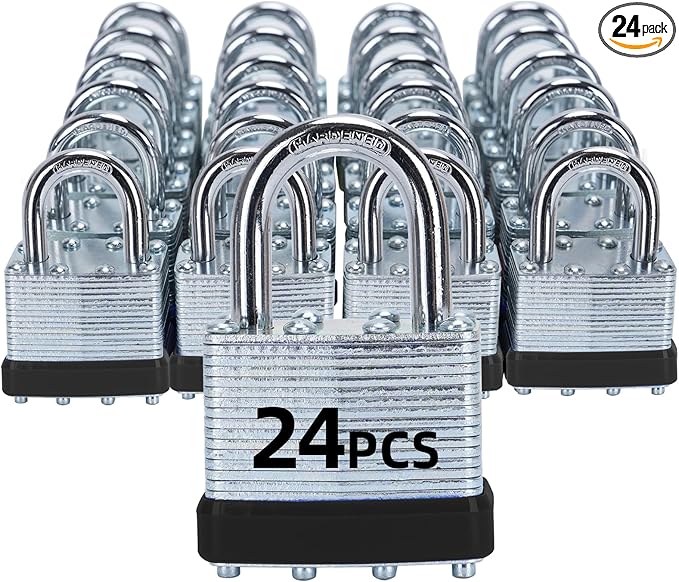 Padlocks with Same Key, LQYN 24 Pcs Laminated Keyed Padlock (1-9/16", 40mm), Keyed Alike Locks, Normal Shackle, for Storage Locker, Hasp Latch, Toolbox, Sheds